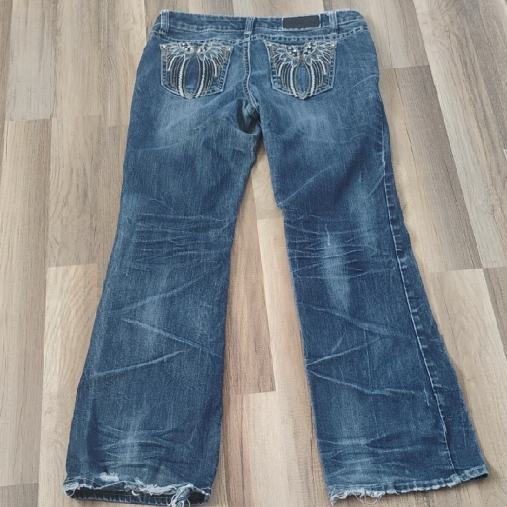 Dark Blue Flare Jeans - Women's Wide Leg Denim - Picture 5 of 7